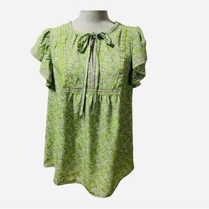 Max Studio Green Floral Tulip Sleeve blouse size M